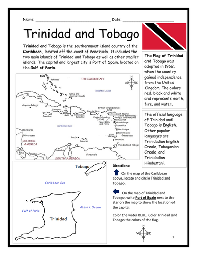 Trinidad and Tobago Printable Worksheet with map and flag