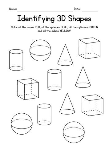 Geometry Worksheets - Identifying & Coloring 3D Shapes