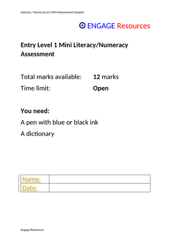 Literacy and Numeracy Mini Assessment E1