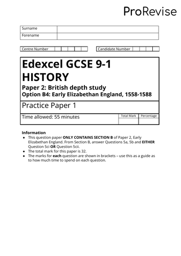 Edexcel GCSE 9-1 History: Early Elizabethan England Practice Paper 1