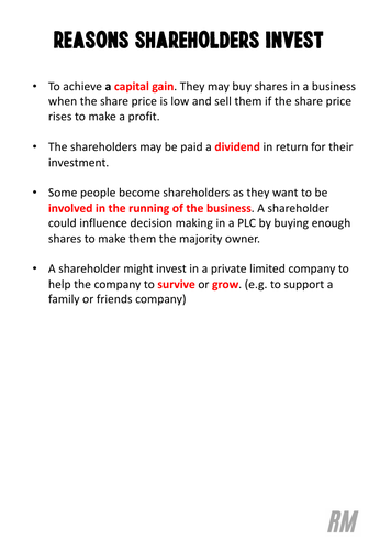 Reasons Shareholders invest in a business - Business Revision