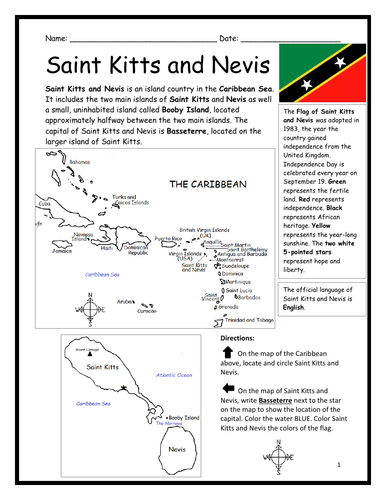 Saint Kitts and Nevis Printable Worksheet with map and flag
