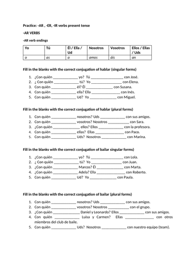 Present tense ar er ir practice worksheet