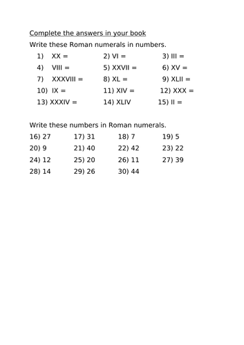 Roman Numerals to 100