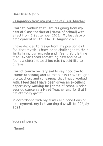 Primary School Teacher Resignation Letter