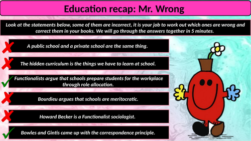 GCSE sociology [wjec] - Education starter/ plenary activities