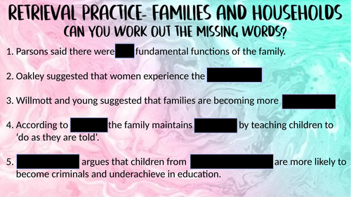 GCSE sociology [wjec]- Family starter/ plenary activities