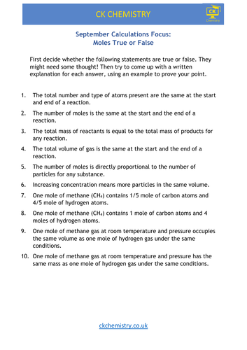 Moles true or false activity (quantitative chemistry)