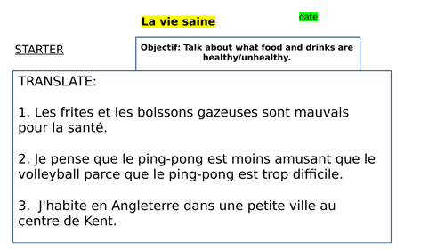 French Year 9 Healthy living topic
