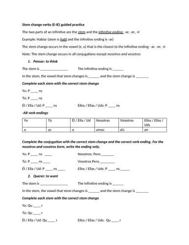 E-IE stem change verbs guided practice