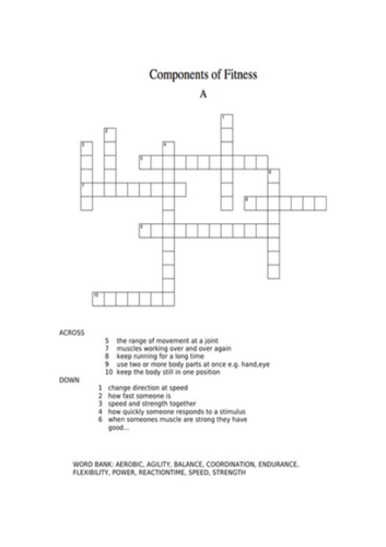 Unit 1: Fitness for Sport Components of Fitness Crossword Teaching