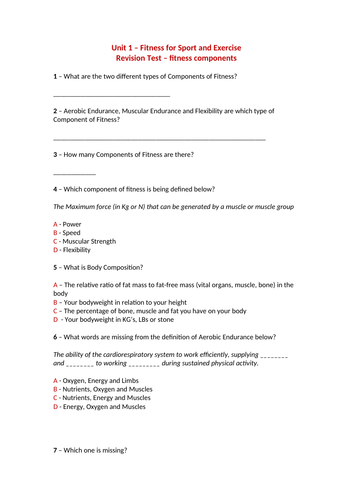 Unit 1: Fitness for Sport Components of fitness quiz