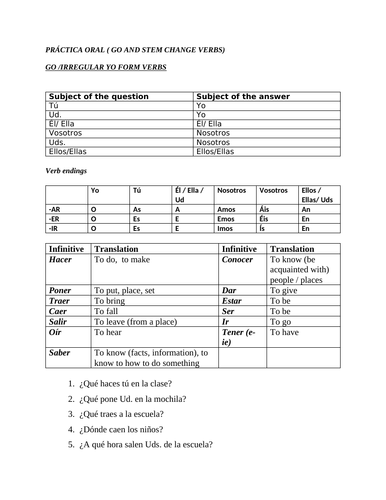 Go and stem change verbs oral practice
