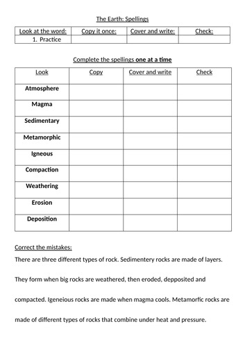 KS3 The Earth / Rocks Spellings Sheet