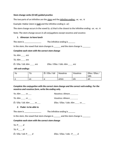 O-UE stem change verbs guided practice