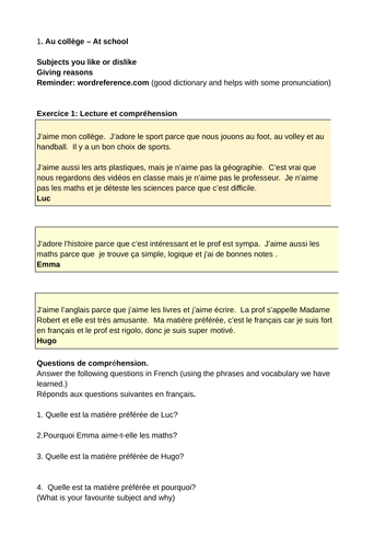 L'école et les matières