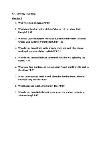 Journey to Jo'burg KS2 Reading Comprehension questions