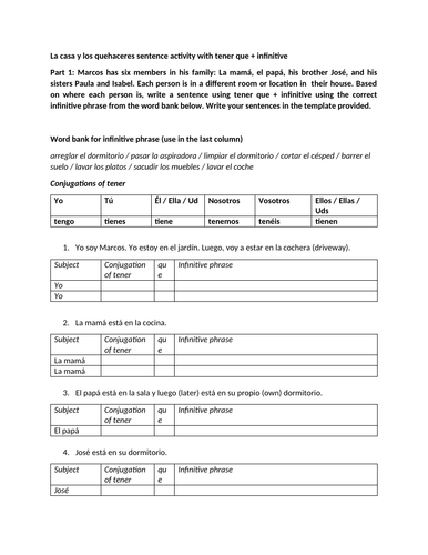 La casa y los quehaceres sentence activity