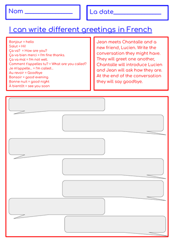 French greetings wordbank and conversation template