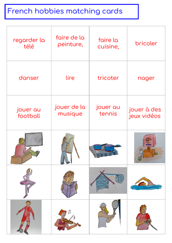 French hobbies matching cards