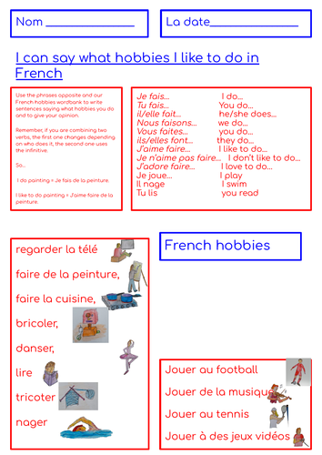 French hobbies worksheet