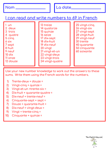 French numbers to 69 - French number sums