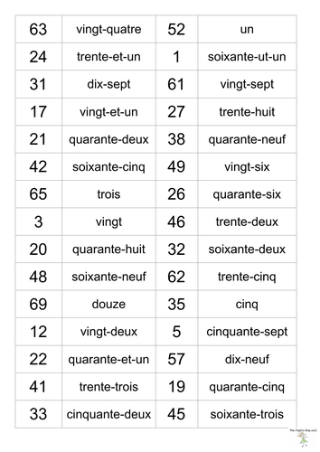 French numbers to 69 follow-me cards | Teaching Resources