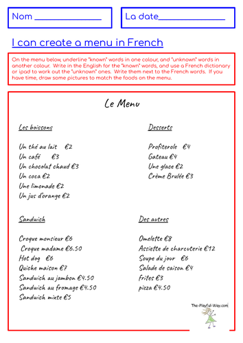 French cafe menu