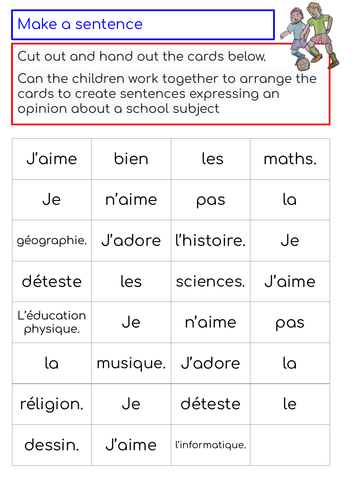 French school subjects sentence sequencer