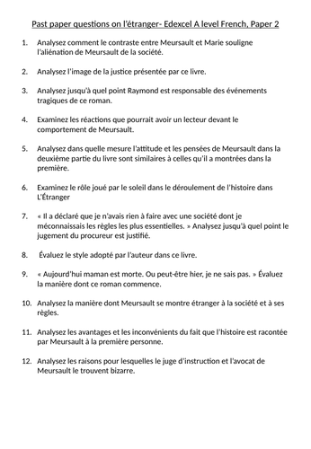 L'étranger Past Paper Questions- Edexcel A2