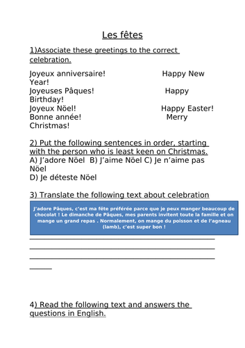 Les fêtes year 8 worksheet