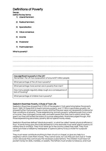 Definitions of Poverty - A-Level Sociology