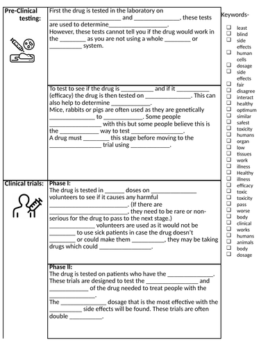 Drug trials gap fill LA AQA GCSE