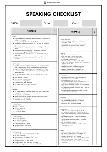 A level Spanish - Speaking check list