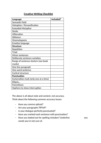 creative writing checklist high school