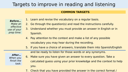 Targets to improve in Listening and Reading tasks