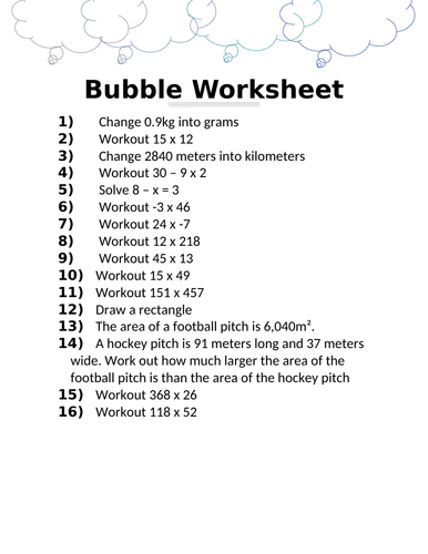 BUBBLE WORKSHEET 10