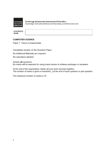 AS/Level - Computer Science - Year 12/13 - Half Term 1- Test 1 - Question and Answer