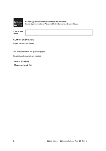 AS/Level - Computer Science - Year 12/13 - Half Term 1- Test 2 - Question and Answer