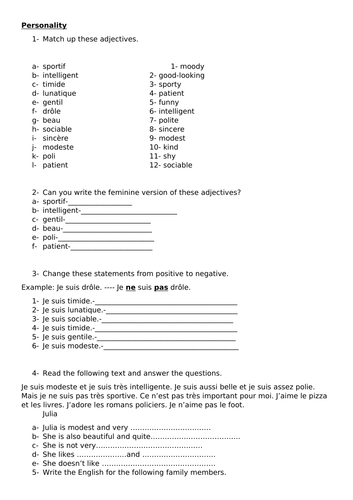Y9 - Personality Worksheet - French