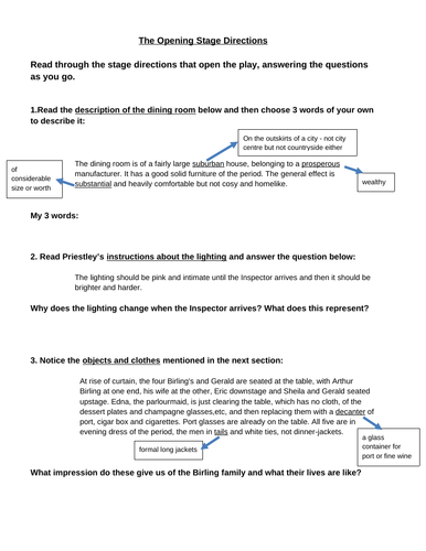 GCSE 9-1 An Inspector Calls Opening Stage Directions Worksheet