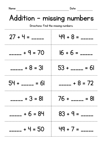 Adding 2-Digit and 1-Digit Numbers (missing numbers) | Teaching Resources