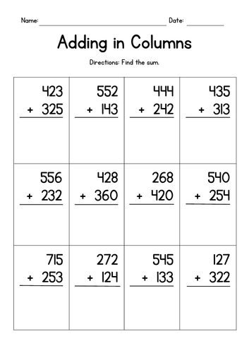 Adding 3-Digit Numbers in Columns (no regrouping)