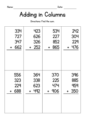 Adding Four 3-Digit Numbers in Columns