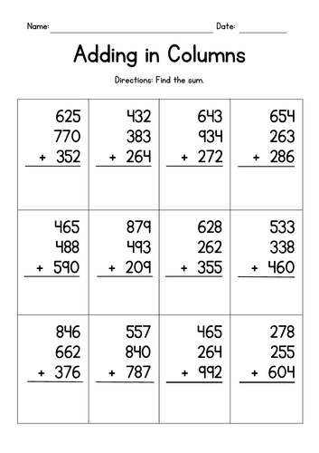 Adding Three 3-Digit Numbers in Columns