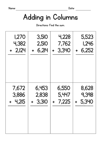 Adding Three 4-Digit Numbers in Columns