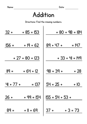 Adding with Missing Numbers - Addition Worksheets