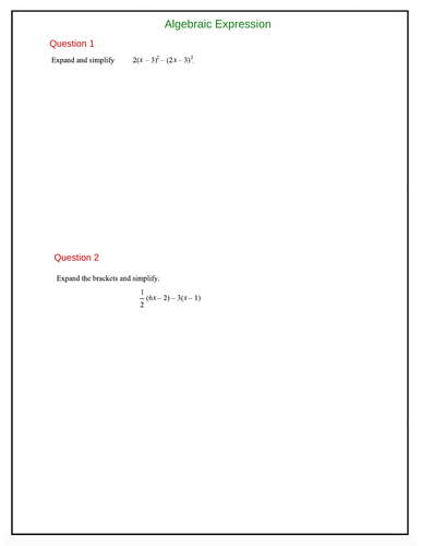 Year 9-Worksheet-Algebraic expressions-Questions and worked Solutions