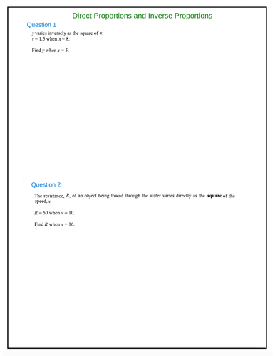 Year 9-Worksheet-Direct Proportions and Inverse Proportions-Questions and Solutions