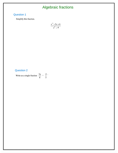 Year 9-Worksheet-Algebraic fractions-Questions and Solutions